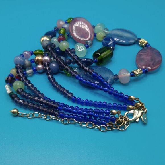 Chico’s Three Strand Gemstone Glass Beaded Necklace Blue Green Purple 22” - Picture 6 of 10